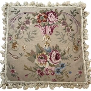 French Provence Petit Point Needlepoint Tassel Fringe Floral Roses Pillow